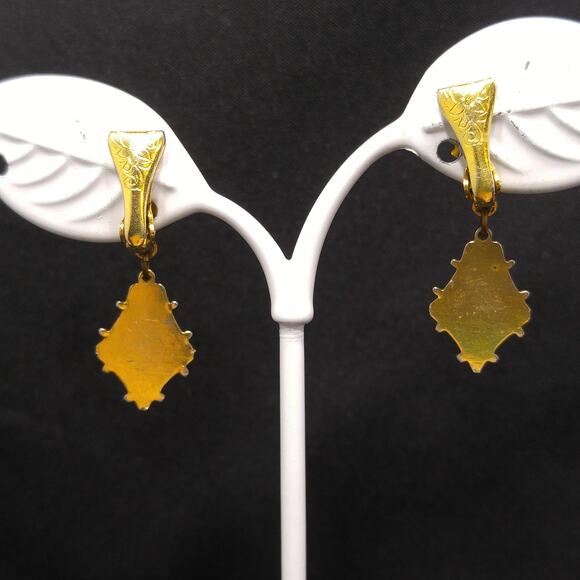 Vintage Topaz Rhinestone Clip Earrings, Teardrop Rhinestone, 1960s Jewelry - Picture 5 of 10